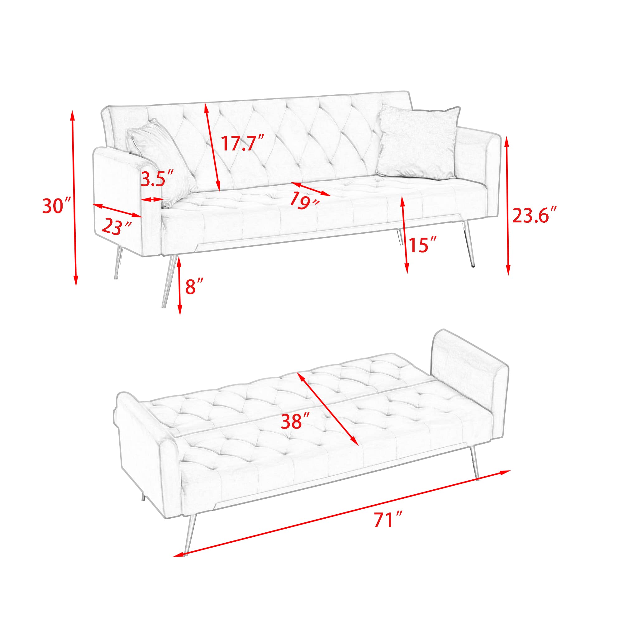 ERYE 71" Velvet Upholstered Tufted Futon Sofa Bed for Bedroom Studio, Modern Upholstered Futon Sleeper Convertible Sofabed W/Golden Leg & Piows for Home Apartment,Loveseat