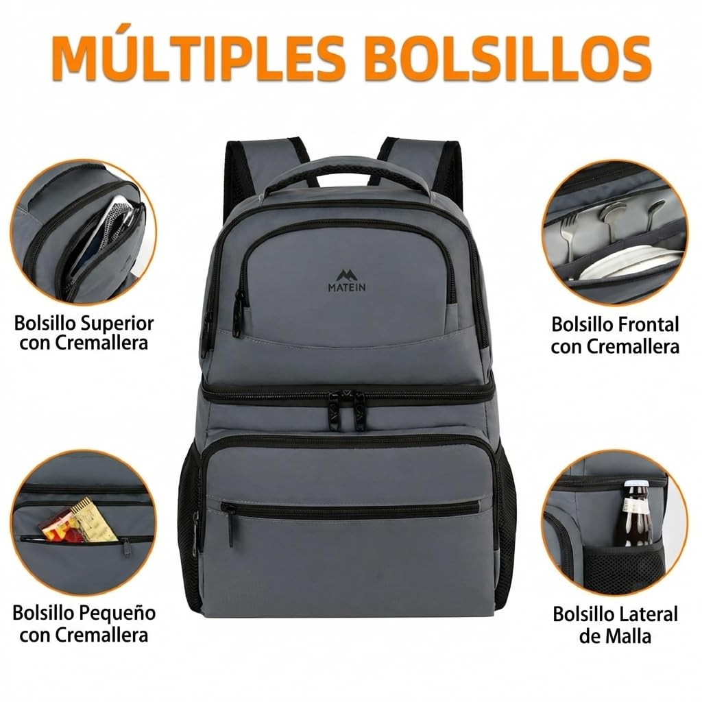 MATEIN Mochila Nevera 30 litros con Capacidad de hasta 40 Latas, Mochila Termica Porta Alimentos de Doble Compartimento Ligera y Antifugas Bolsa Isotermica para Playa, Camping y Senderismo, Gris