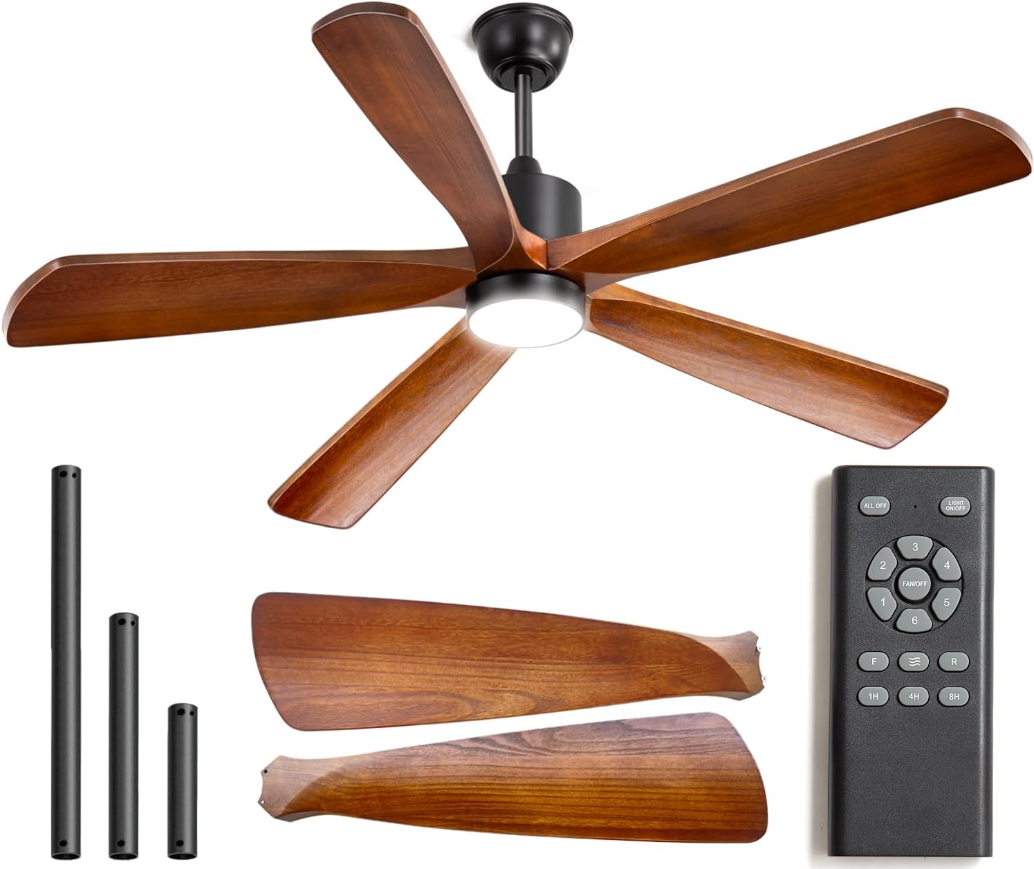 60" Ceiling Fan with Light, 5 Paulownia Wood Blades UL Damp Rated, 3CCT Dimmable LED, DC Motor 6-Speed Reversible, Walnut Finish Indoor Outdoor Bedroom Porch
