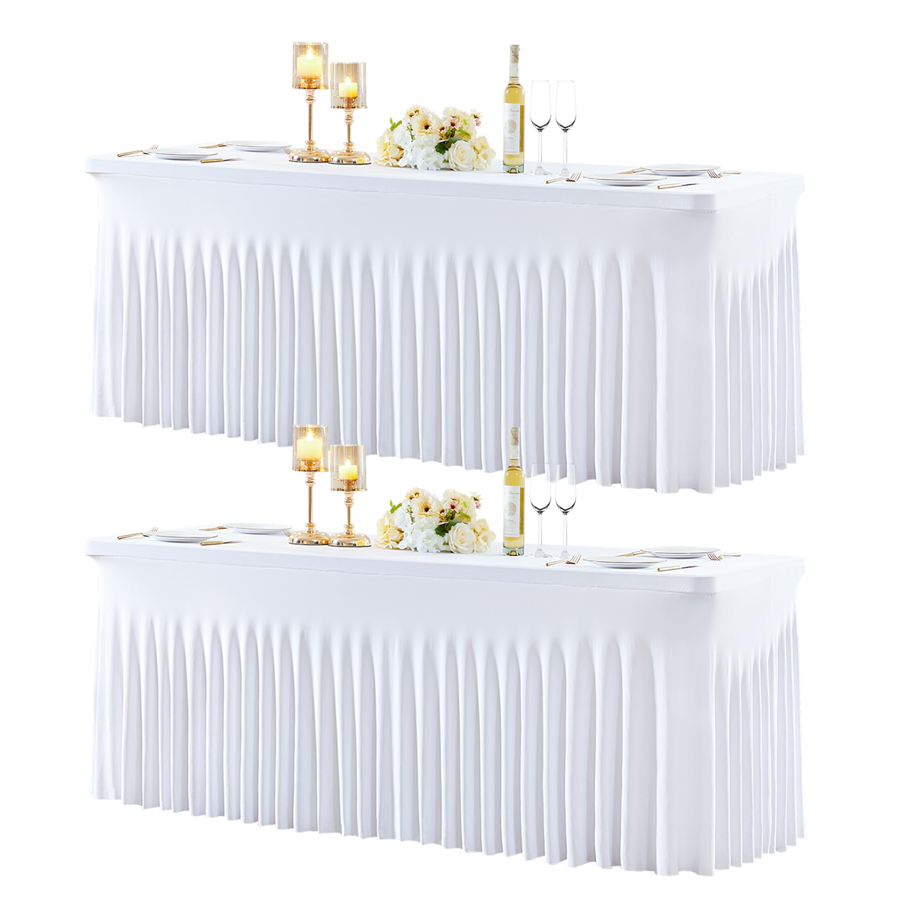 Photo 1 of 2 Pack 6ft White Spandex Tablecloths for Rectangle Tables Wrinkle Free White Rectangle Table Cloth, Stretch Fitted Table Cover with Skirt for Wedding Birthday Party Banquet Baby Shower Buffet Event