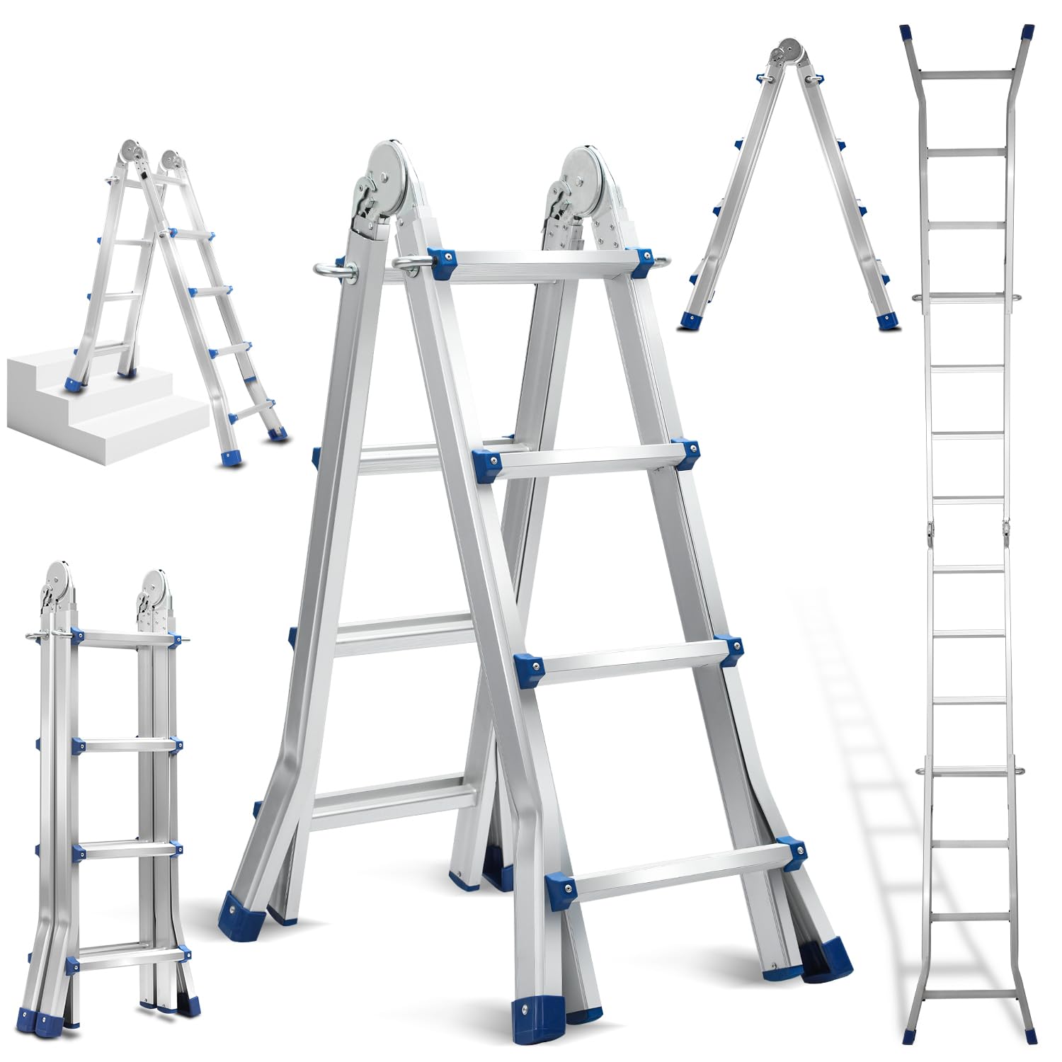 Eulenke Teleskopleiter Aluleiter 4.02m 4x4 Sprossen Mehrzweckleiter, 4 in 1 Klappleiter 150 kg Belastbarkeit, Anlegeleiter, Treppenleiter, Bockleiter, Schiebeleiter