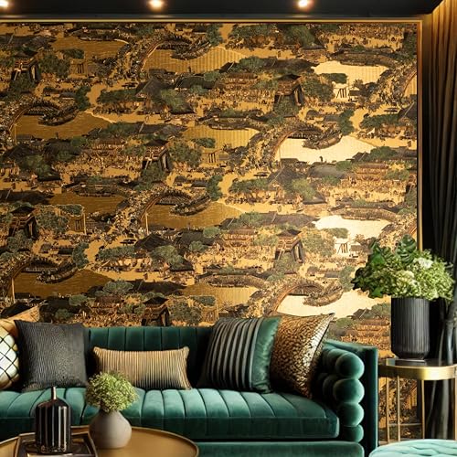 Image of wolpin Non-Woven Wallpaper Non-Adhesive (53 x 950 CM) (Black & Gold) | Golden Village Scenic Textured Wallpaper with Shine | Decorative Wall Covering for Home Interior (54.18 Sq Ft)