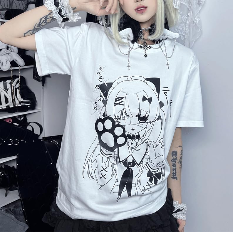 Harajuku Y2K Kawaii Gothic Clothes Casual Loose Soft Crewneck Cute Cartoon Anime Girl with Paw Print T-Shirt2
