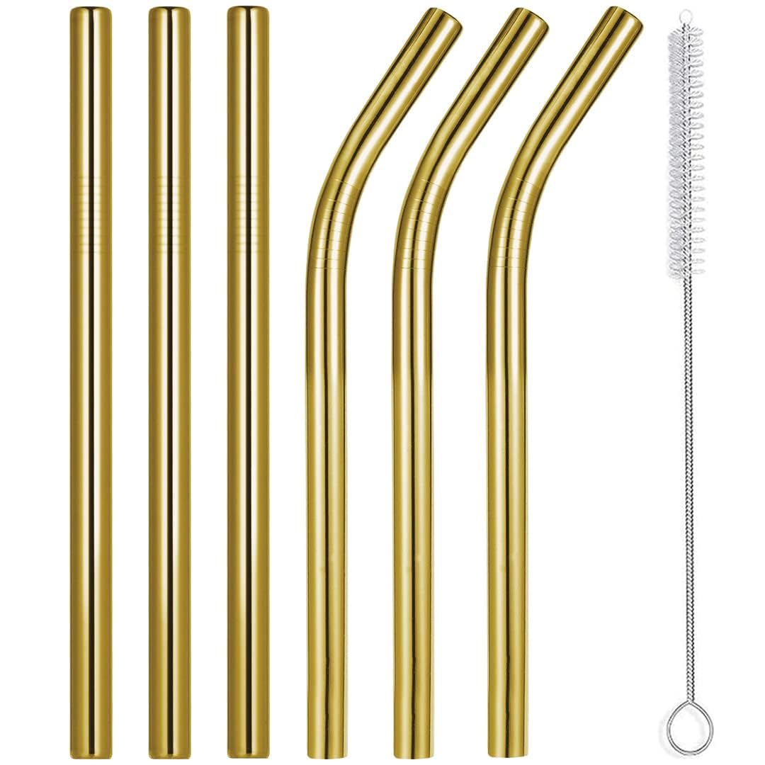 Spunklad 6pcs Metal Straws Drinking, 8.5'' Gold Reusable Straws, Stainless Steel Straw for Home, Travel Straw