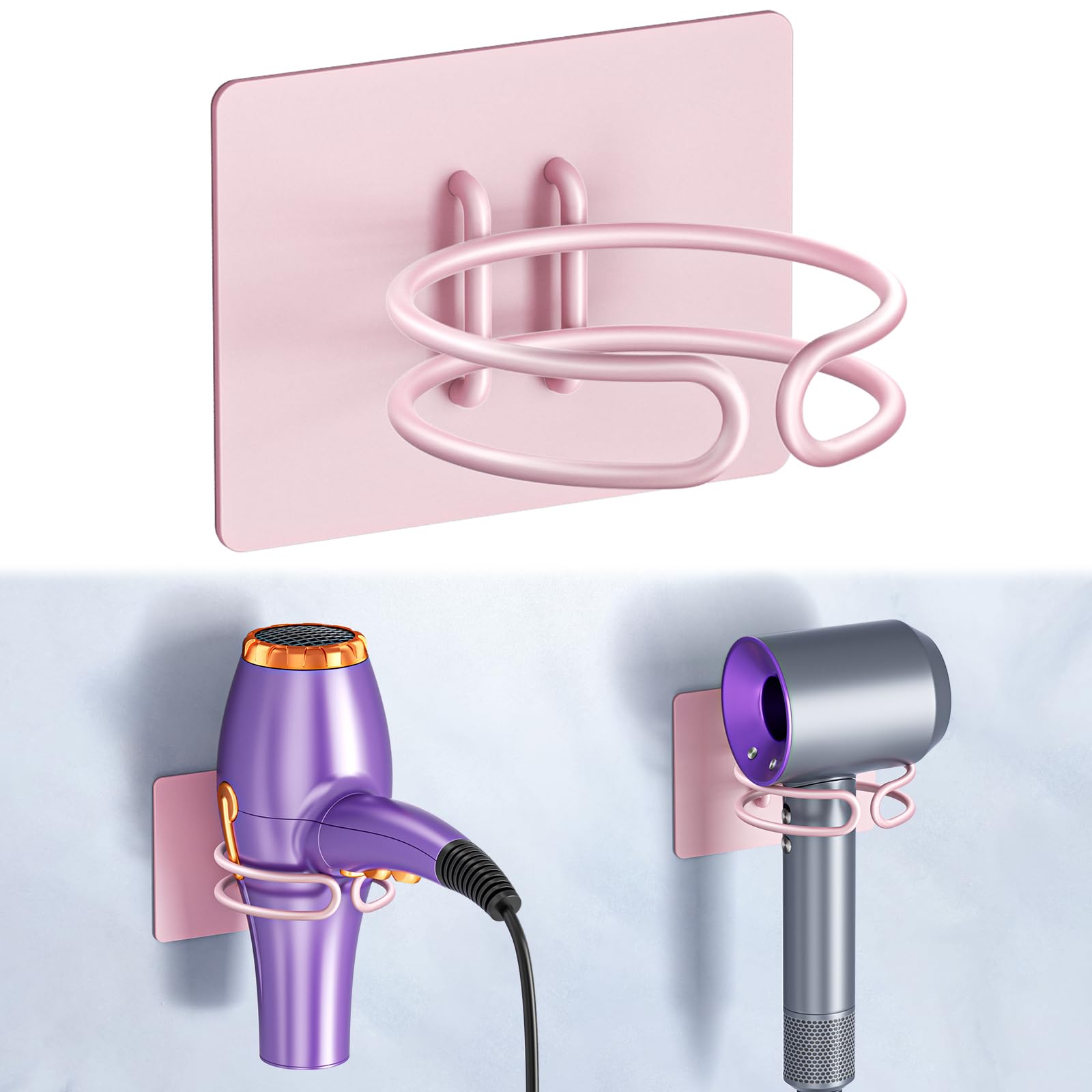 Blow Dryer Holder Wall Mounted, Hair Dryer Holder Stand for Most Hair Dryers Organizer and Storage, Self Adhesive Hairdryer Hanger Rack for Bathroom and Cabinet, Rose Gold
