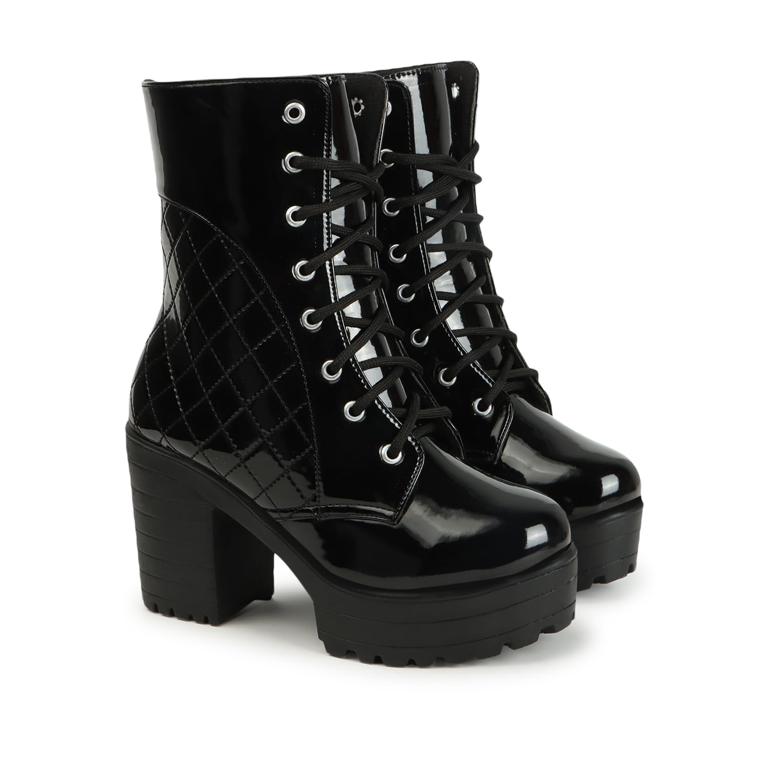 Bold and Breezy Black Patent Ankle Length Lace Up Heeled| Boots for Women & Girls-image-30