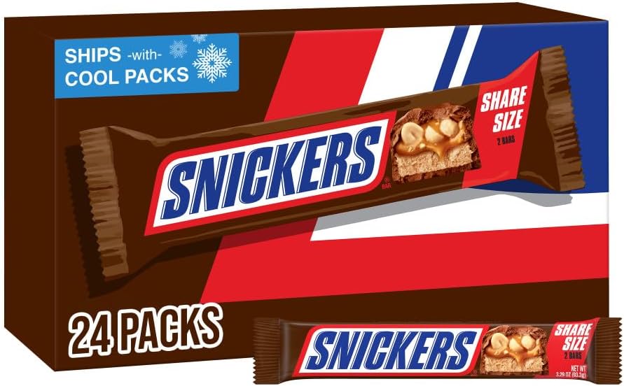 SNICKERS Candy Milk Chocolate Bars, Share Size Bulk Pack, 3.29 oz Bar (Pack of 24)