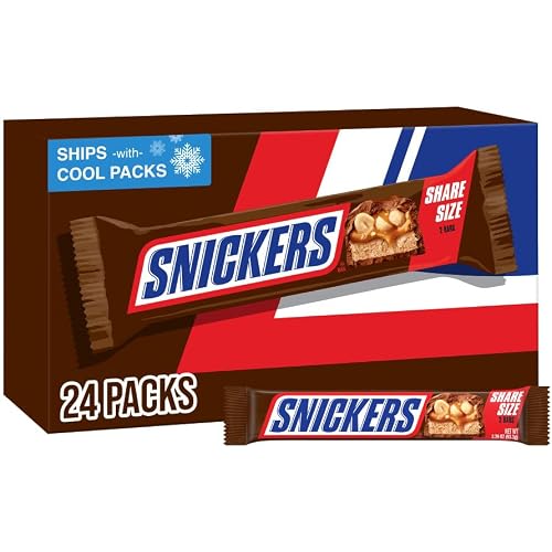 SNICKERS Candy Milk Chocolate Bars, Share Size Bulk Pack, 3.29 oz Bar (Pack of 24)