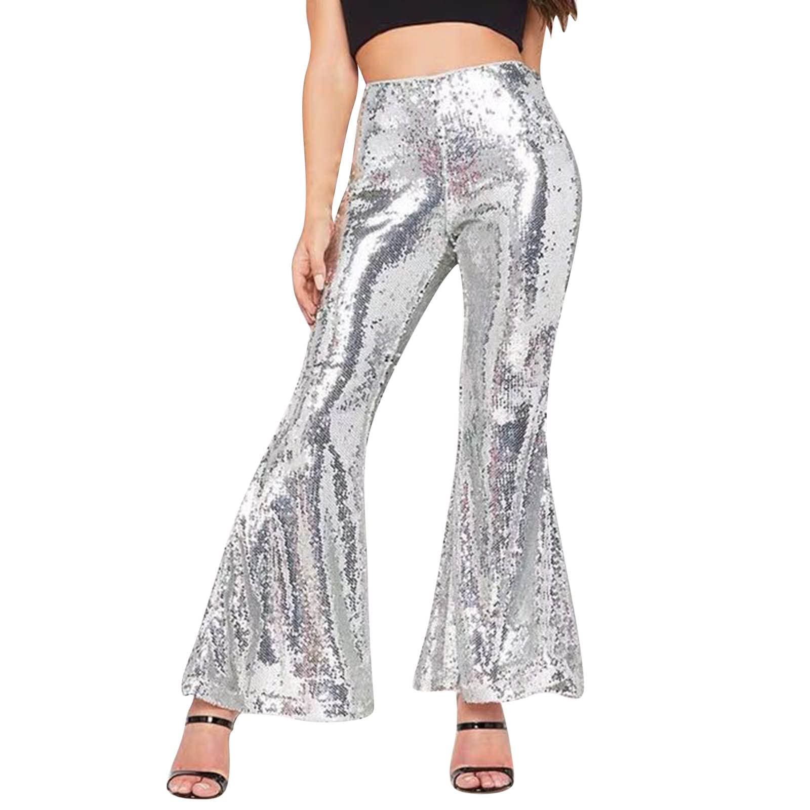 Damen Schlaghose mit Pailletten Damen Karneval Hosen Glänzend Wetlook Metallic Cargohose Leggings Silber Metallic Damen Glitzer Hose Silber Metallic Damen High Waist Schlaghose Party