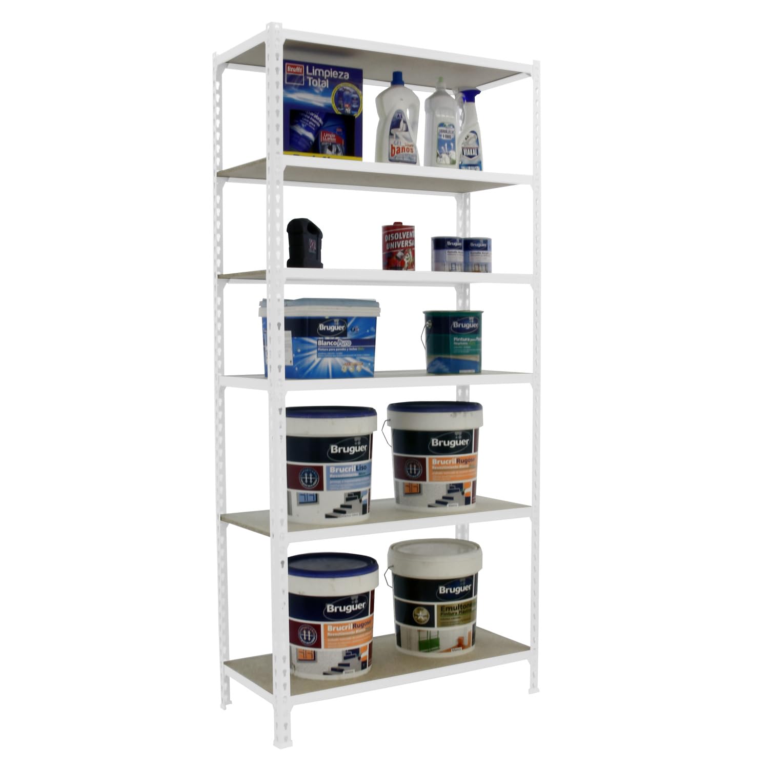 Estantería Metálica Almacenaje Sin Tornillos | 6 Alturas, Bandeja Madera, 150 kg de Punto Flexión, Blanco , Pintura anticorrosión, Montaje sistema clic