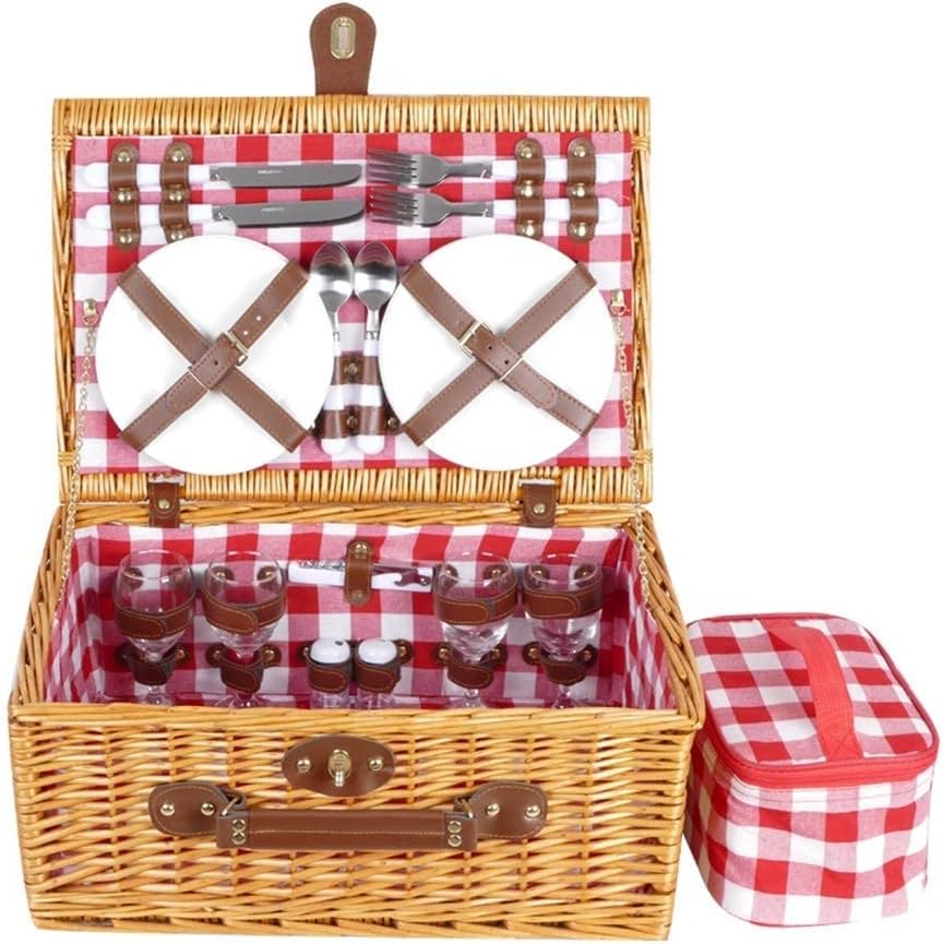 Picnic Basket Wicker with Cutlery Insulation Bag Wine Glass Seasoning Bottle Large for 4 People 46X31x20cm