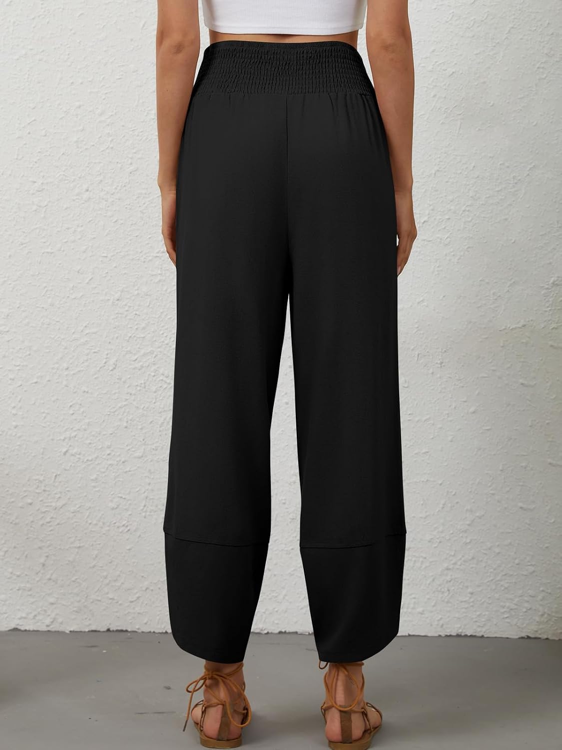 Womens Linen Pants Wide Leg Palazzo Capri Barrel Harem Pants Casual High Waisted Trousers with Pockets Beach