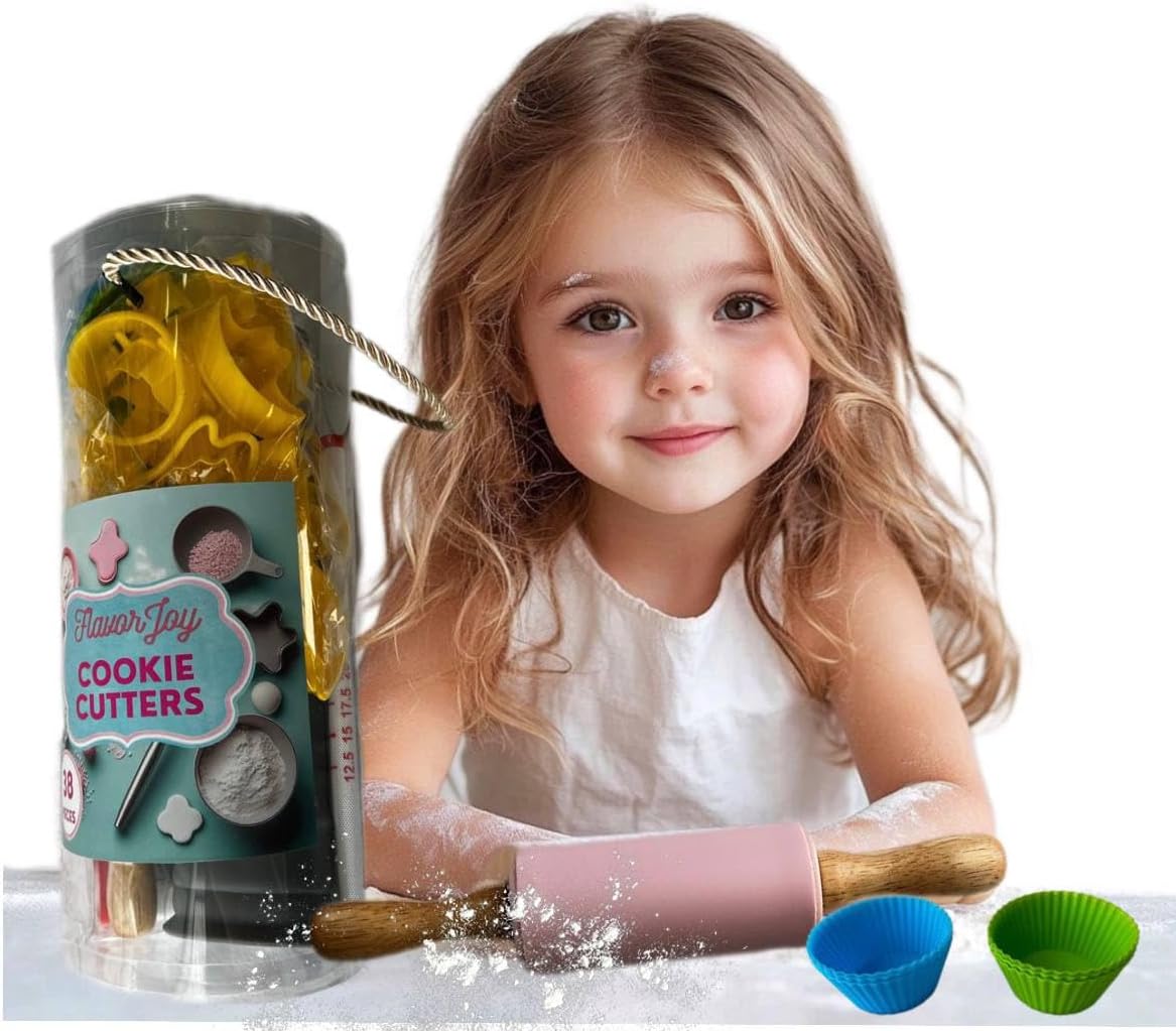 Cookie Baking Cutter Set For Kids - 6 silicon cupcake forms, 24 Assorted Cookie Cutters, Rolling Pin, Silicone Baking Pan, Non-Stick Baking Mat, Fun Activity Gift for Boys and Girls, Age 4+