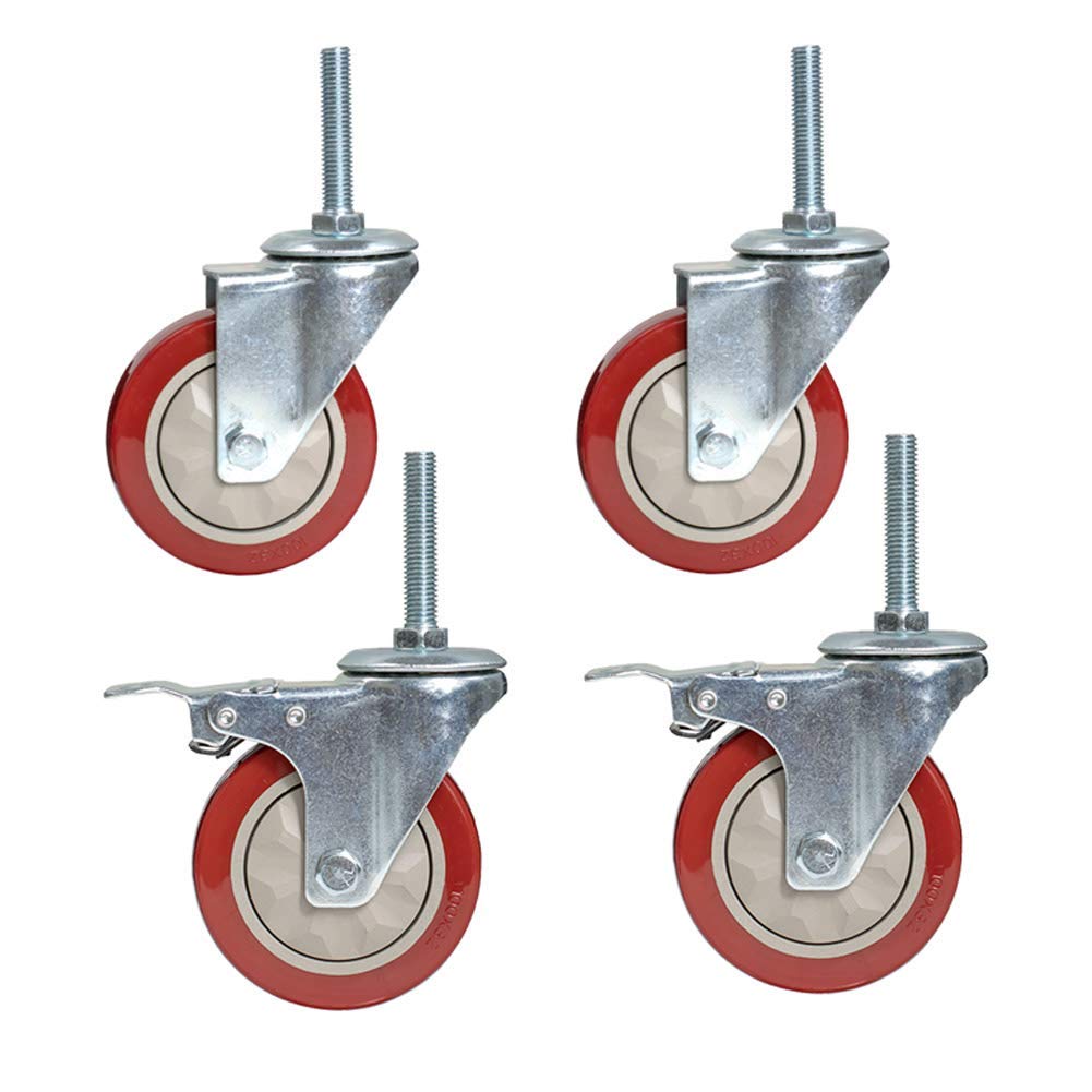 Wytrzymałe kółka skrętne z hamulcem, gwint M12x60 mm, 3 i 4 cale, pojemność 400 kg, uniwersalne kółka do wózków, zestaw 4 sztuk, czerwone i srebrne do transportu przemysłowego