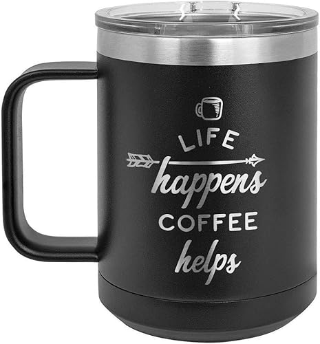Miniatura 1 de ONLYGIFTS.COM - Taza de café con tapa deslizante (13.0 fl oz), diseño con texto en inglés "Life Happens", Negro