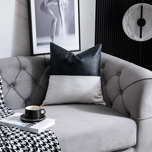 Miniatura 4 de DEZENE - Juego de 2 fundas de almohada decorativas de cuero sintético con 100% algodón para sofá, cama, decoración moderna del hogar, cuadradas,