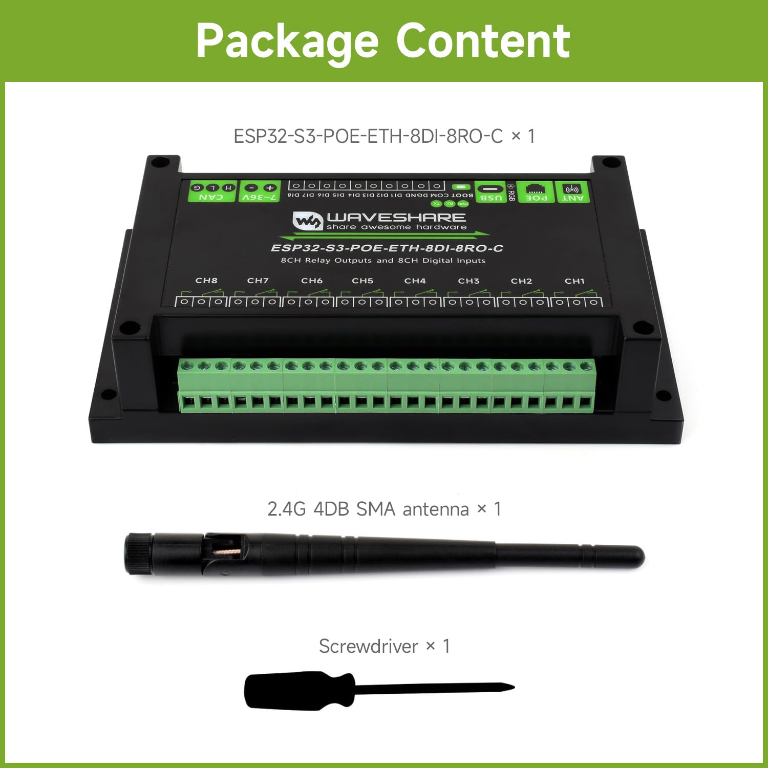 Waveshare ESP32-S3-POE-ETH-8DI-8RO-C(PoE Network Port), Industrial 8-Ch ESP32-S3 WiFi Relay Module, Isolated CAN Interface, Xtensa 32-Bit LX7 2Core Processor, Up To 240MHz, Multi Isolation Protection