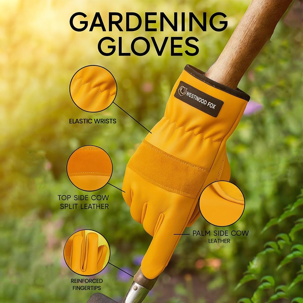 WESTWOOD FOX Gartenhandschuhe – Leder, Dornensicher, Atmungsaktiv, Gepolsterte Handfläche, Verstellbarer Verschluss
