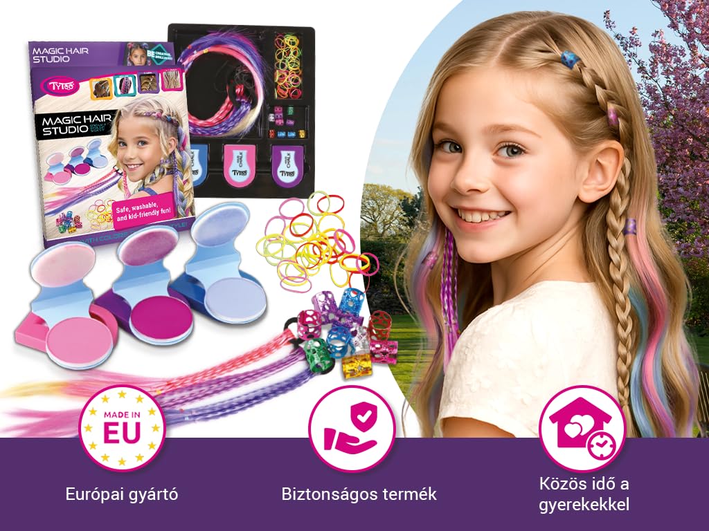 TyToo Magic Hair Studio – zestaw kredy do włosów dla dziewczynek z kolorowymi pasmami włosów, błyszczącymi perłami, gumkami do włosów, spinkami do włosów, kompletny zestaw do stylizacji włosów dla