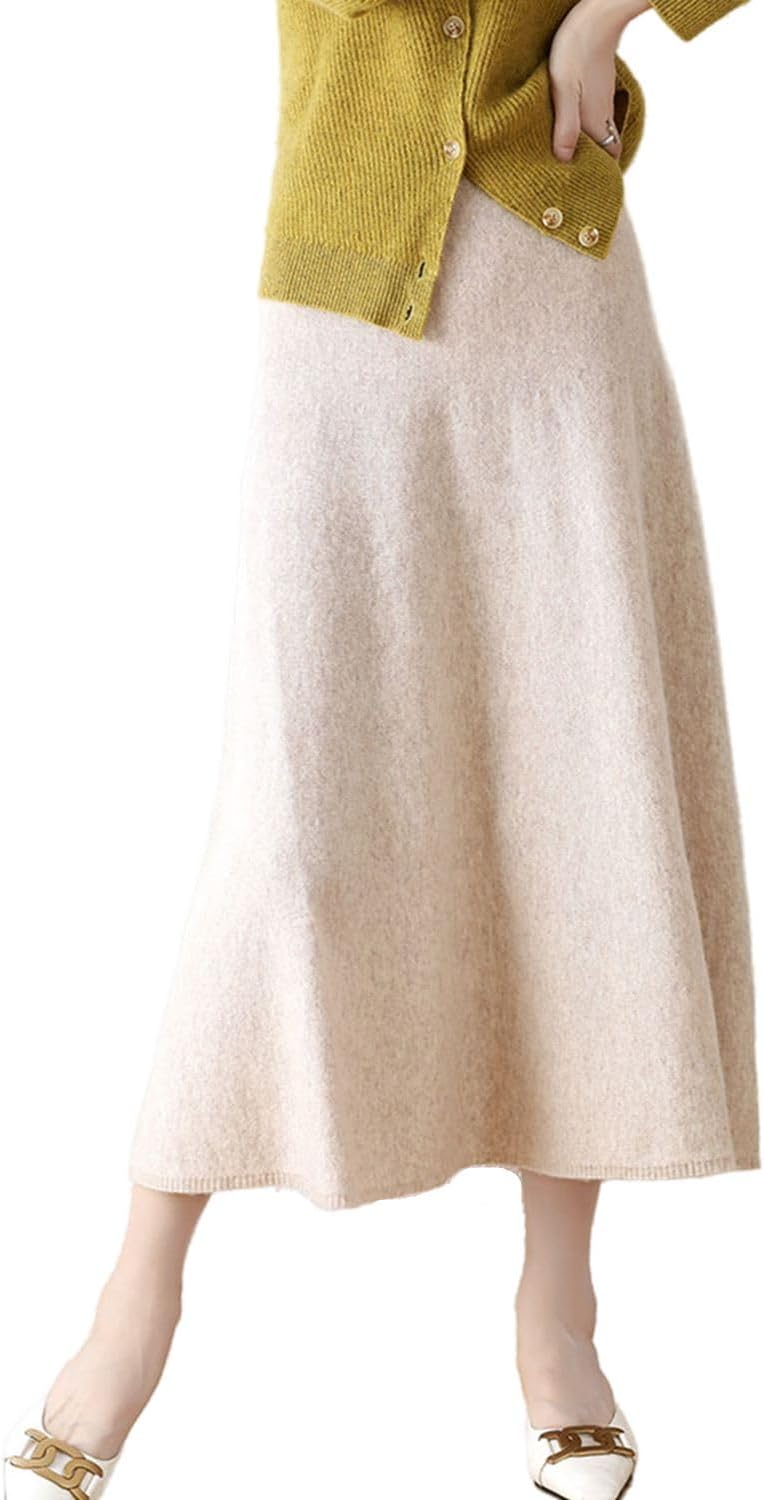 Long Skirt Women's Fall Winter 100% Merino Wool Knitted Skirt Ribbed Elastic Solid Warm Sweater Skirts