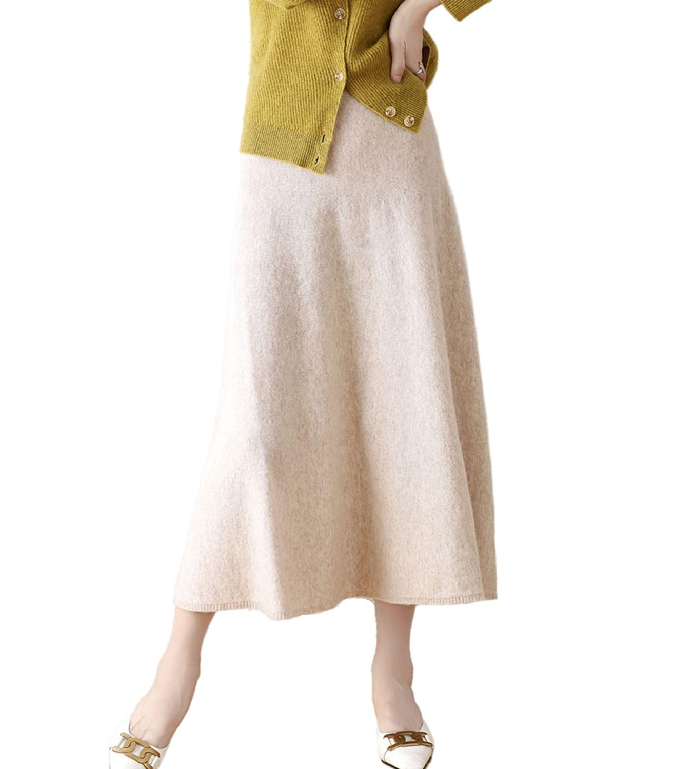 Falda larga para mujer, 100 % lana merino, acanalada, elástica, lisa, cálida, para otoño e invierno