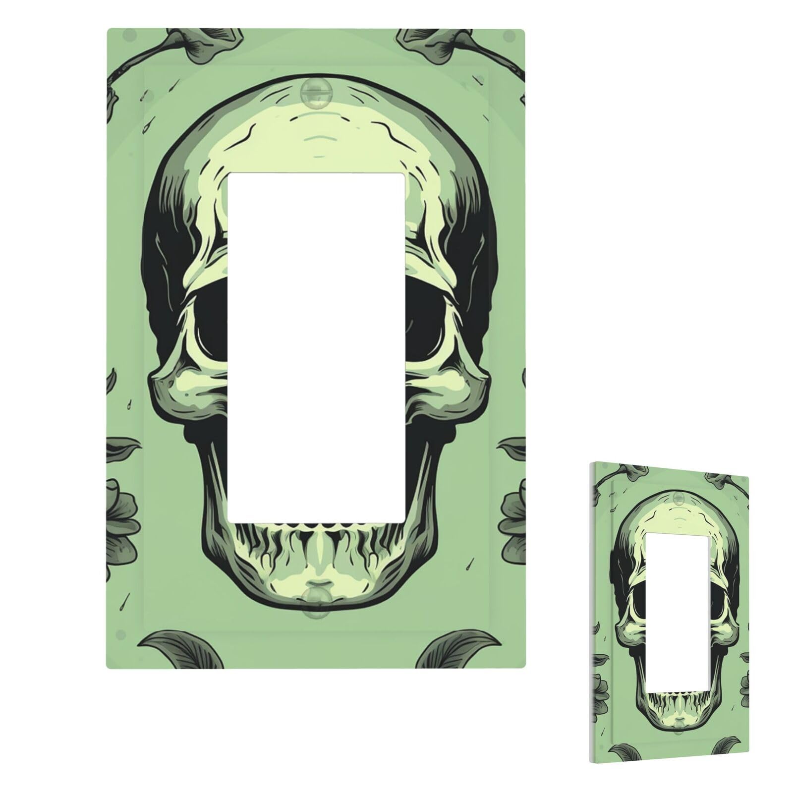 Skull On Light Green Background Wall Plate Cover 1 Gang, Modern Decorative Light Switch Cover Unbreakable Receptacle Outlet Covers for Living Room Bedroom Decor