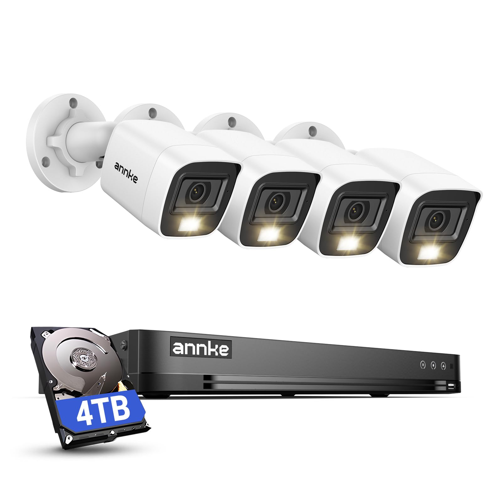 ANNKE 32-kanałowy rejestrator 3K Lite DVR z funkcją rozpoznawania ruchu AI i dyskiem twardym 4 TB, analogowa kamera bezpieczeństwa 4 X 1080p z inteligentnym noktowizorem kolorów, IP67 przewodowa