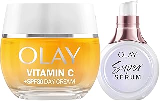 Olay Vitamin C + SPF30 Feuchtigkeitsspendende Tagescreme, 50 ml und Super Serum, 5 Vorteile in 1, 14 ml, 2 Stück, gleichmäßiger, hydratisiert und strahlend