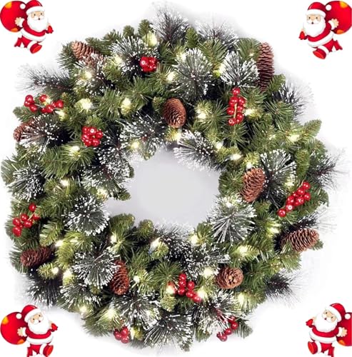 16 Inch Christmas Wreath with 30 LED Lights, Outdoor Light up Christmas Wreath for Front Door,Christmas Wreath for Holiday,Christmas Party Decorations. (SET-1)