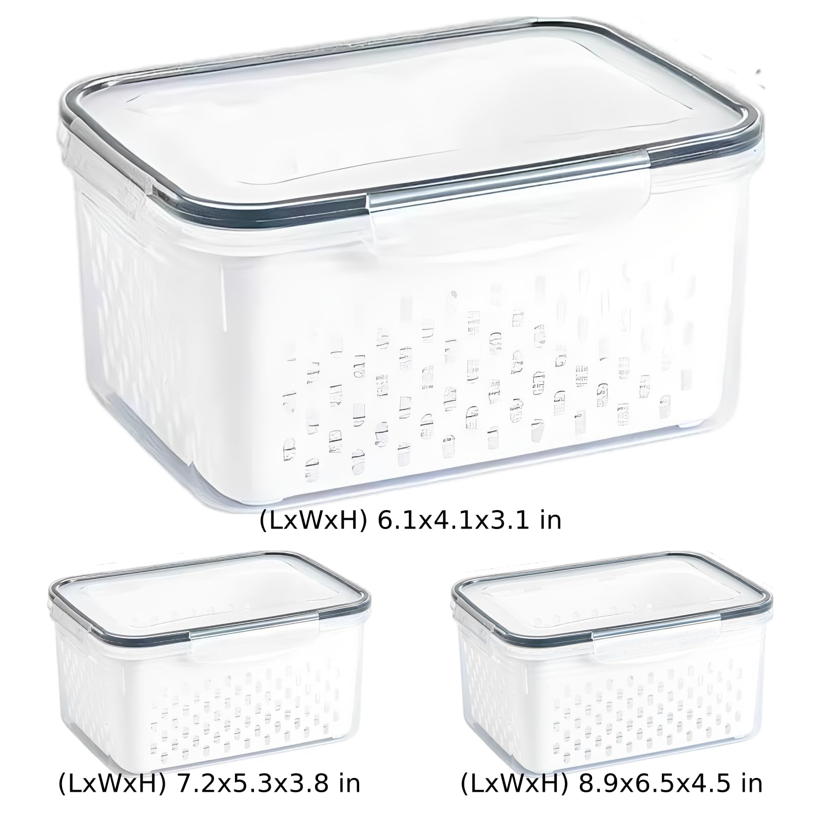 3 Stk. Obstdosen für den Kühlschrank, transparente Kunststoffboxen mit auslaufsicherem, herausnehmbarem Sieb, luftdichten Deckeln mit 4 Verschlüssen für Beeren und Gemüse, klein, mittel, groß