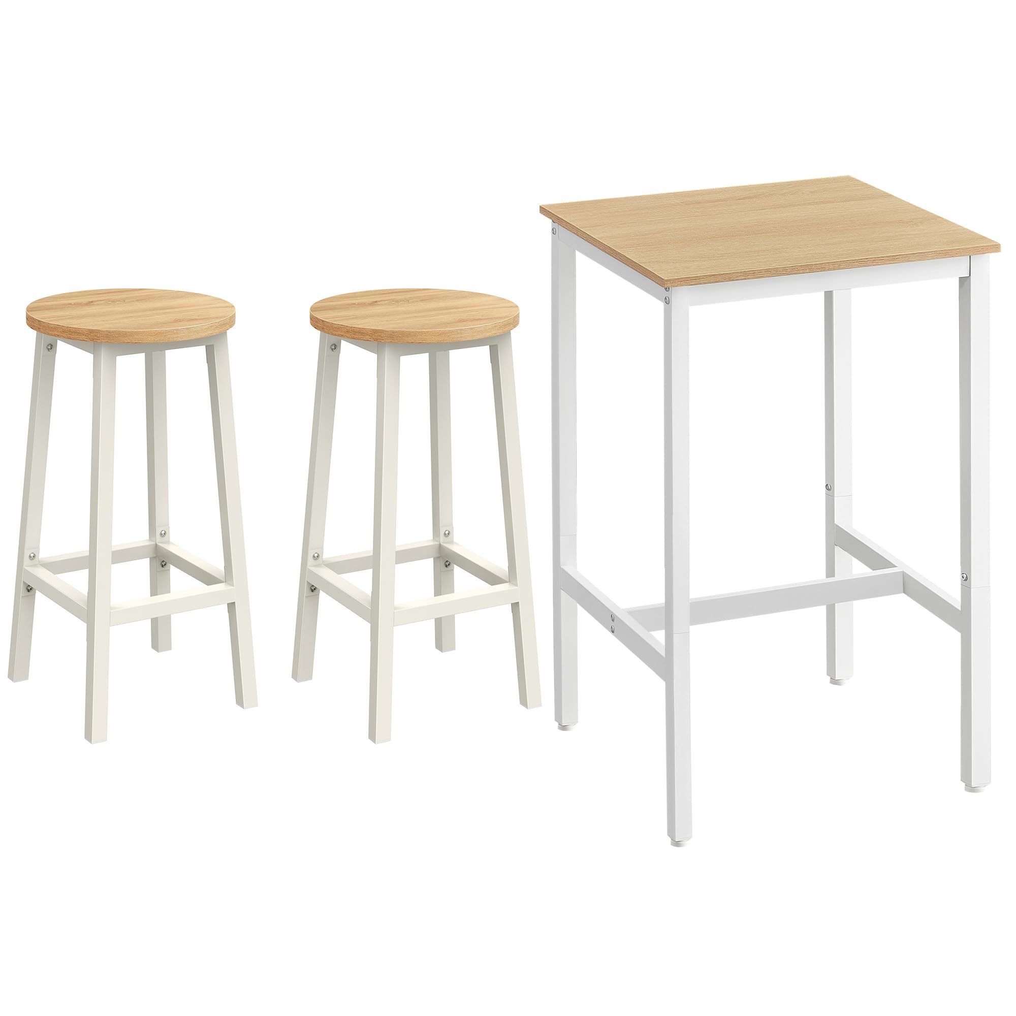 VASAGLE Ensemble Table Haute avec 2 Tabourets de Bar, Table de Bar Carrée, Table de Cuisine, Chaises de Bar, Chaise de Cuisine, Cadre en Métal, Montage Facile, Couleur Chêne Beige et Blanc LBT030W09