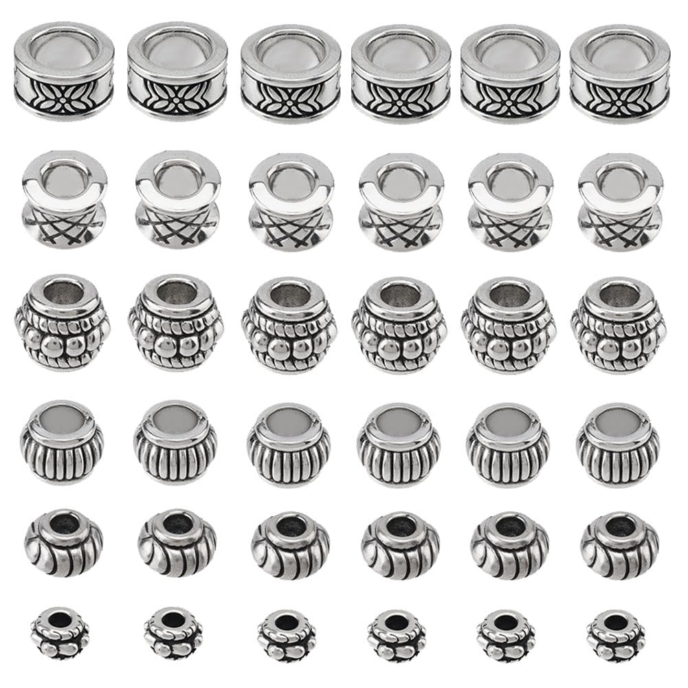 130pcs 6 Styles Silver Spacer Beads for Jewelry Making Tibetan Beads with Large Hole for Bracelet Necklace DIY Rondelle Column Beads for Crafts