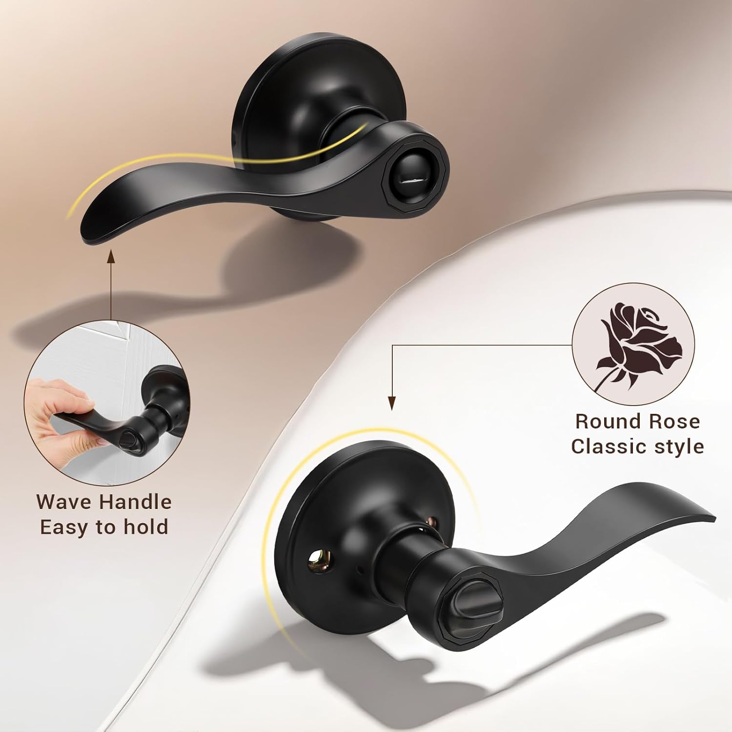 Knobonly 5 Pack Matte Black Privacy Door Levers Interior Door Handles for Bedroom and Bathroom Door Knobs Keyless Privacy Door Handles with Lock, Zinc Alloy Reversible for Right/Left