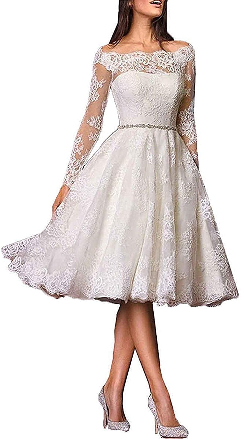 Lange Ärmel Brautkleider Brautkleider Frauen Knielang Spitze Kleid mit Gürtel, Weiß, 44