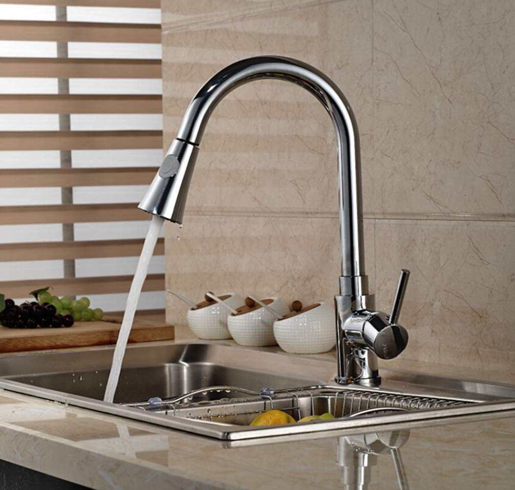 ZYCHSJXA Deck Mount Pull Out Dual Sprayer Nozzle Kitchen Sink Faucet Single Lever Mixer Tap for Chrome Finished