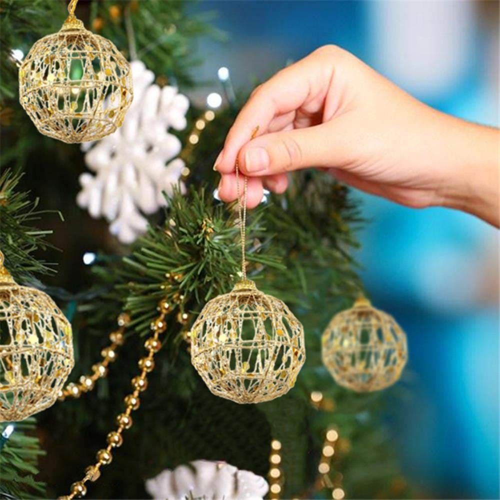 HEHELEBANG 6Pcs Glitter Christmas Tree Hollow Out Gold Balls Xmas Tree Decoration Baubles Party Wedding Ornament Pretty Home Decor,6cm