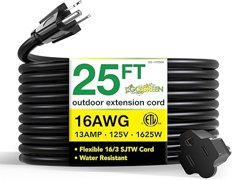Go Green Power Inc. 16/3 25ft Black Outdoor Extension Cord - Reliable, Heavy Duty - Ideal for Outdoor Tools & Equipment - GG-13725BK