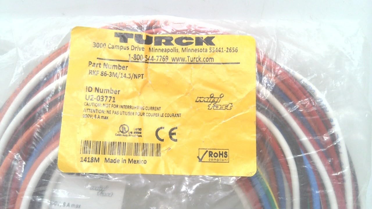 Turck Rkf 86-3M/14.5/Npt, Cable, 3 Meters, Female, Straight, 8 Pole Rkf 86-3M/14.5/Npt