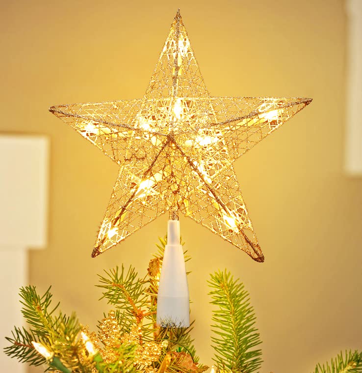 Brizled Gold Christmas Tree Topper, 9“ Hollow-Out Star Tree Topper with 10 Warm White Lights, Pre-lit 5 Point Star Treetop, 120V UL Listed Lighted Treetop for Christmas Tree Home Decoration