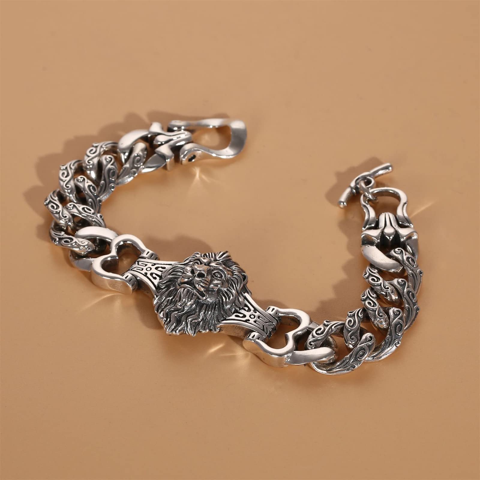 Brazalete plata ley S925 para hombre Löwenkopf, brazalete cabeza león dominante retro vikingo, plateado, 20 cm