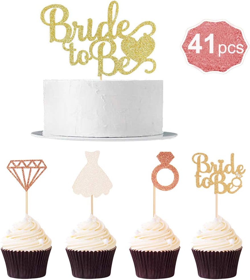 Bride to Be Cupcake Topper Cake Topper Glitter for Wedding Bridal Shower Supplies Party Decorations with Diamond Ring (Pack of 41)