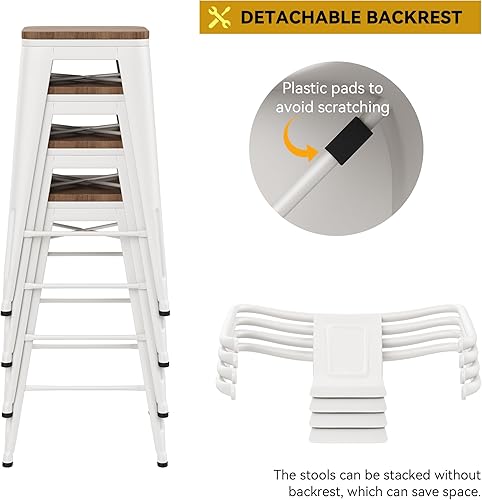 Miniatura 6 de HAOBO Home Taburete de bar de metal industrial moderno para mostrador [juego de 4] silla de comedor (26 pulgadas, asiento de madera blanco con