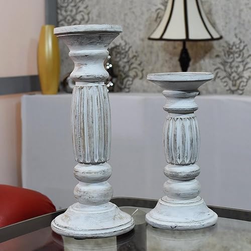 Miniatura 19 de Juego de dos portavelas de pilar de 6 y 9 pulgadas de madera de mango hecho a mano Antiguo anochecer