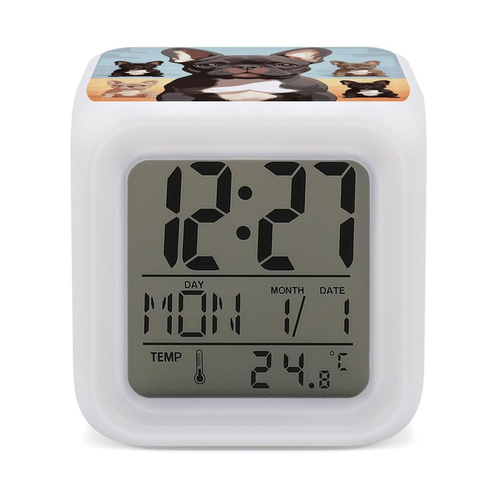 JTREHY French Bulldog Dog Cute Alarm Clock Digital Dimmable Clock for Bedroom LED Display Screen Mini Clocks 7 Color Dimmable Night Lights Time-to-Rise Alarm Clocks for Office Living Room