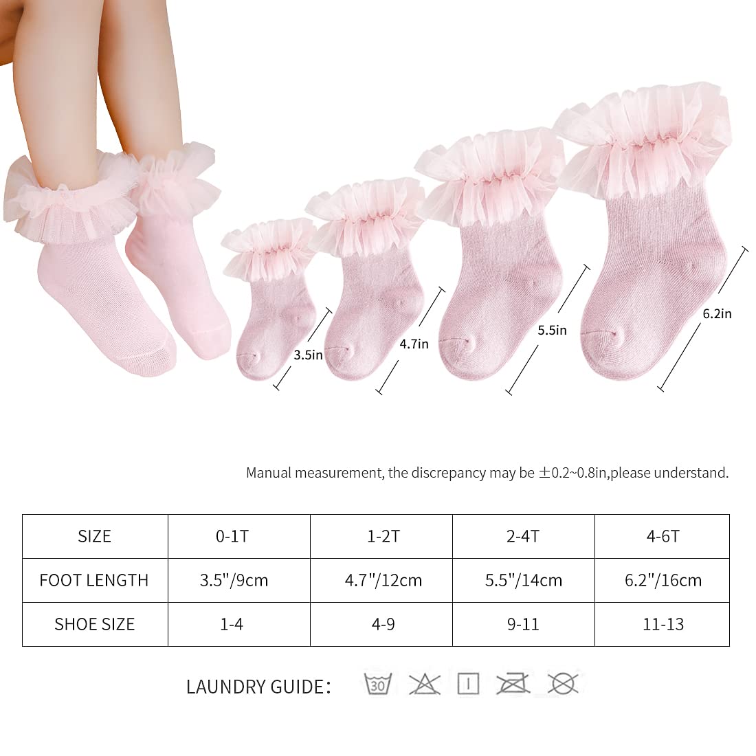 HOUSEYUAN Calcetines de vestir para niñas pequeñas, con volantes, de algodón, de punto, con volantes, color blanco