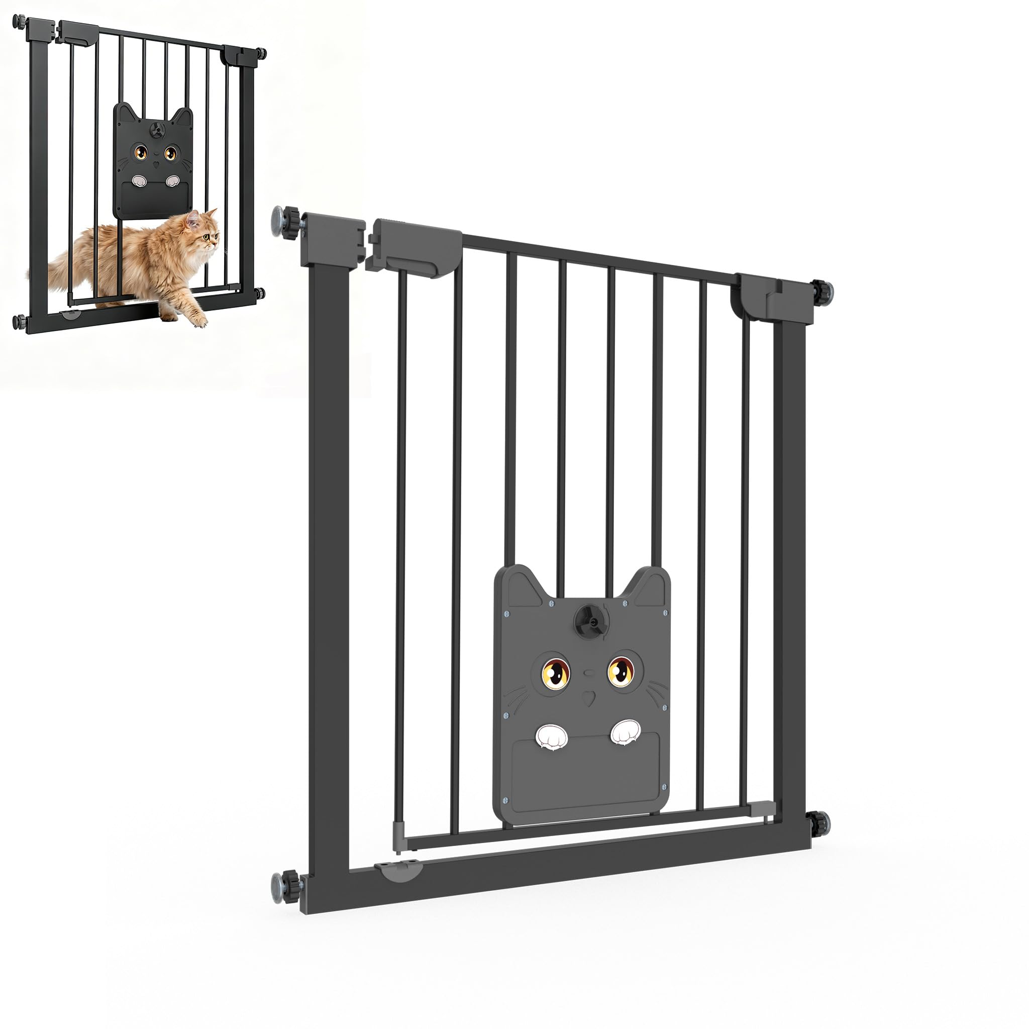 XMTECH Türschutzgitter mit Katzenklappe, ohne Bohren Weiß/Schwarz | Selbstschließend mit 90° Stopp, 180° schwenkbar, Doppelsicherheitsverschluss, verriegelbare Katzenklappe, dickes Metall
