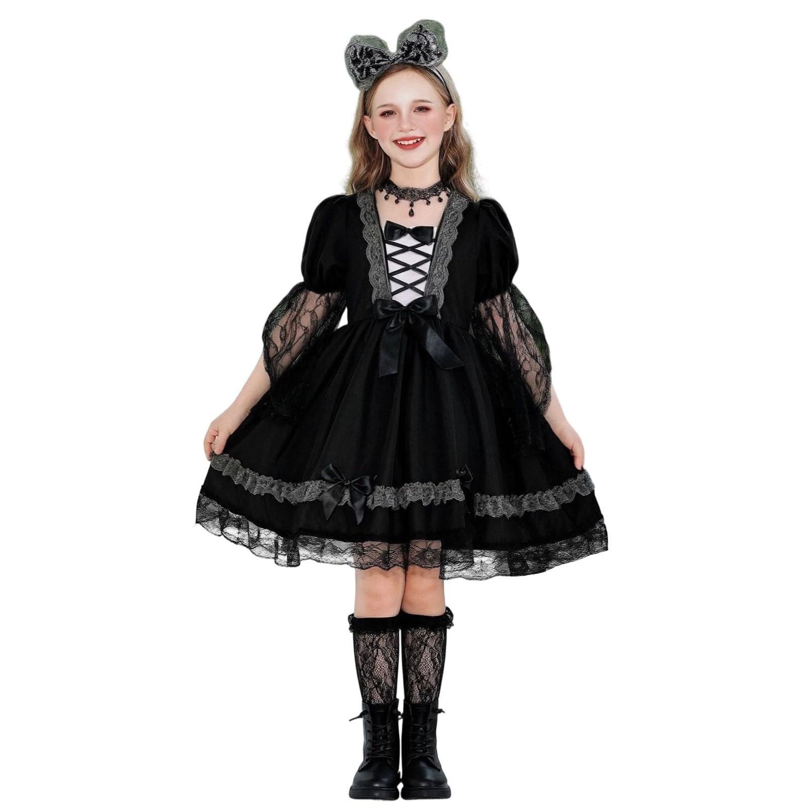 Genérico Disfraz De Bruja Infantil Para Halloween,Vestido De Bruja De Encaje Para NiñAs: Elegante Atuendo De Cosplay Para Fiestas De Halloween