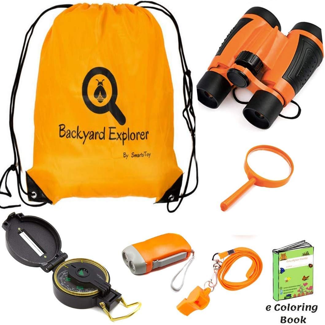 Kids Binoculars Explorer Kit for Children - Toy Set with Magnifying Glass, Backpack, Whistle, Compass in Backpack - Outdoor Exploration Kits, Camping & Spy Gear - Gadgets for Boys Girl