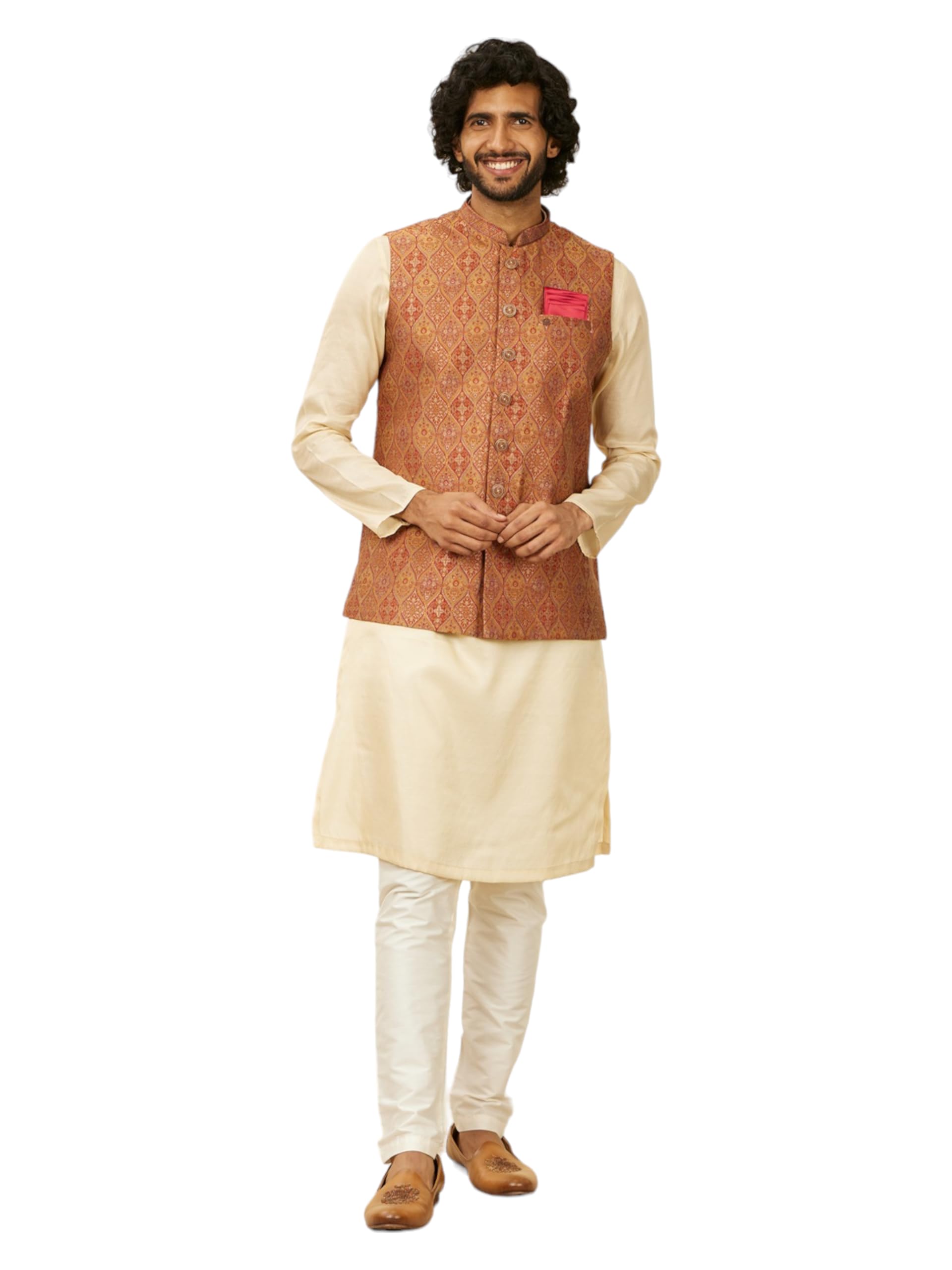 Manyavar Ricamo in broccato ruggine|Jacquard|Giacche Zari per Uomo