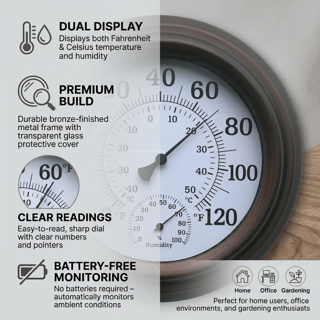 10-Inch Indoor/Outdoor Thermometer with Humidity Gauge - Waterproof Decorative Bronze Metal, Analog Wall Dial, Large Numbers, Perfect for Patio Garden (0°C-50°C / -40°F-120°F) (QH-TH9200BR-F2)